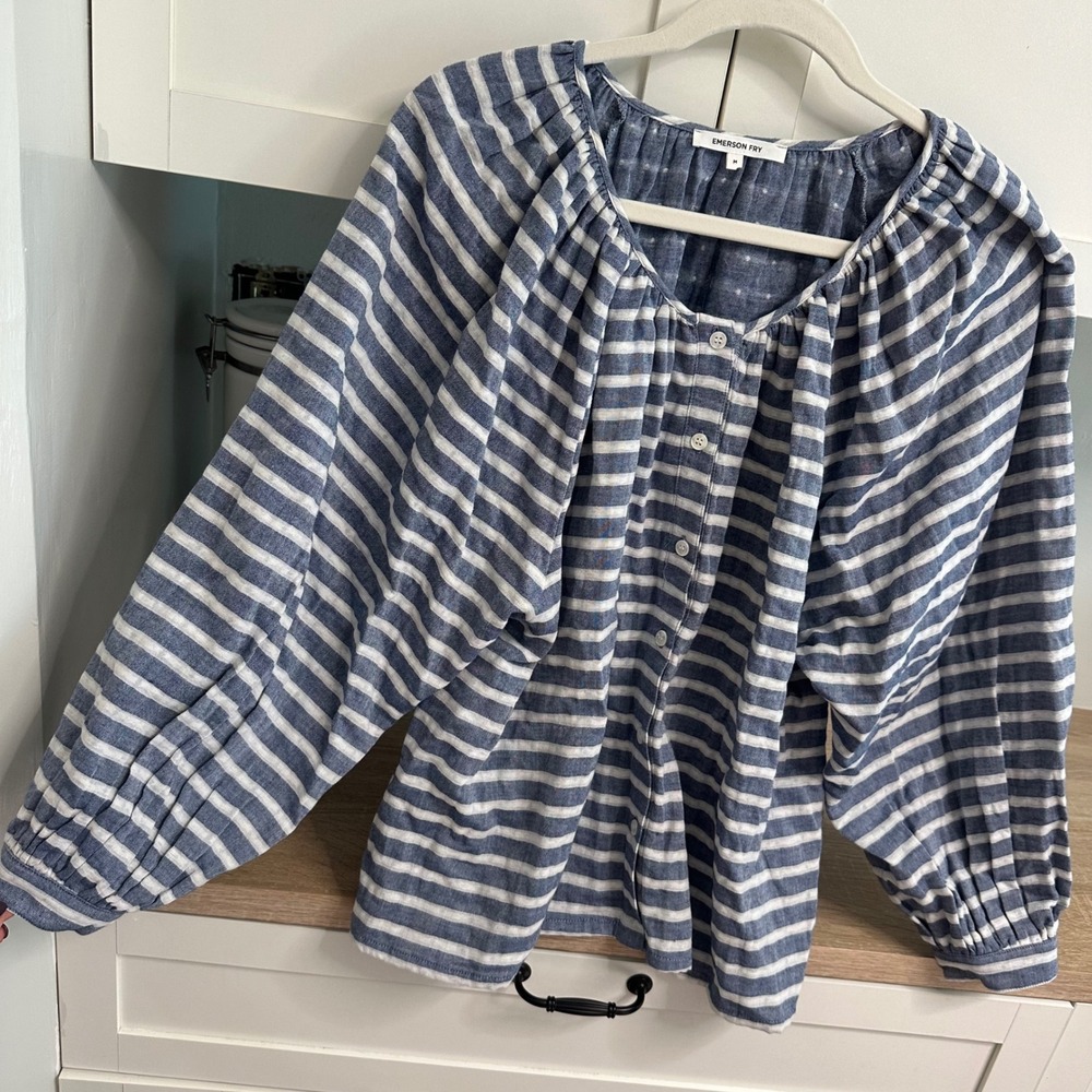 Emerson Fry Frances Blouse Womens M Blue White Striped Dobby Cotton Button Front